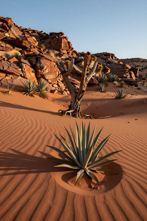 A solitary agave plant grows amidst the rippled sand dunes of a desert landscape.