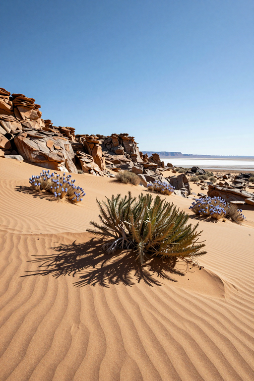 A serene desert landscape featuring rippled sand dunes, rocky outcrops, and small blue wildflowers under a clear sky.