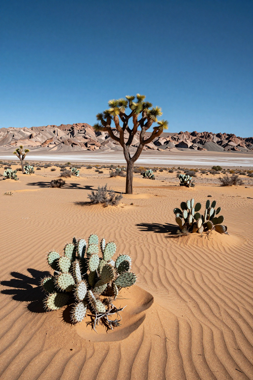 A serene desert landscape featuring sand dunes, cacti, and a Joshua tree under a clear blue sky.
