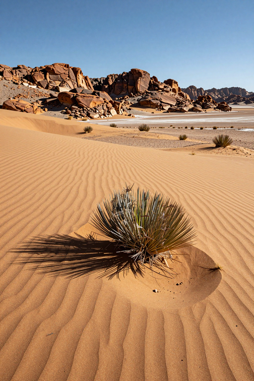A serene desert landscape featuring rippled sand dunes, a lone agave plant, and distant salt flats under a clear sky.