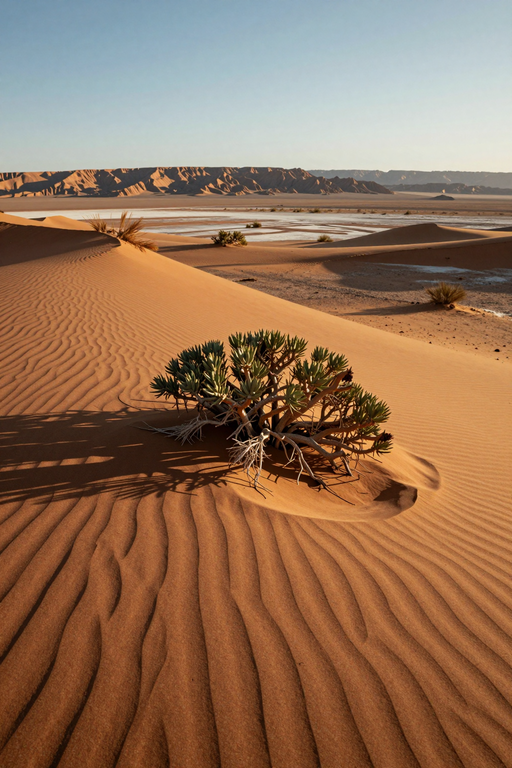 Un piccolo arbusto del deserto si trova sopra dune di sabbia increspate con montagne sullo sfondo.