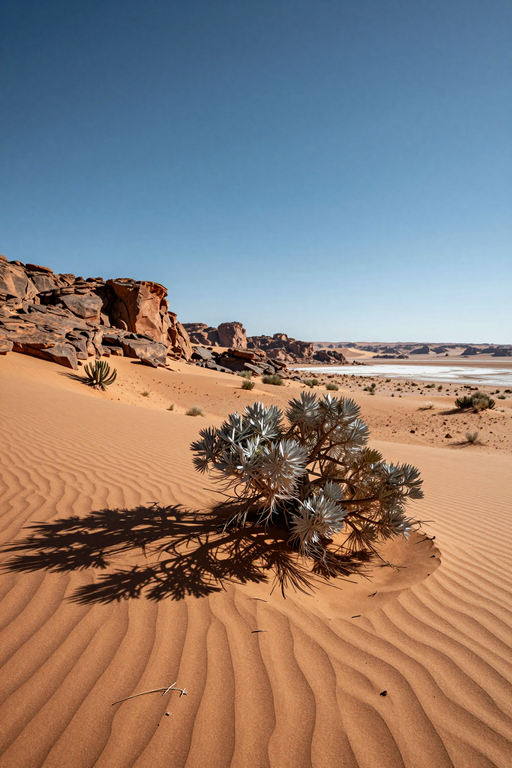 A green succulent plant grows amidst rippled sand dunes under a clear blue sky.