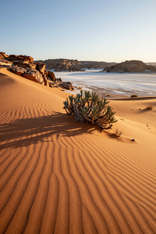A serene desert landscape featuring rippled sand dunes and a small shrub under bright sunlight.