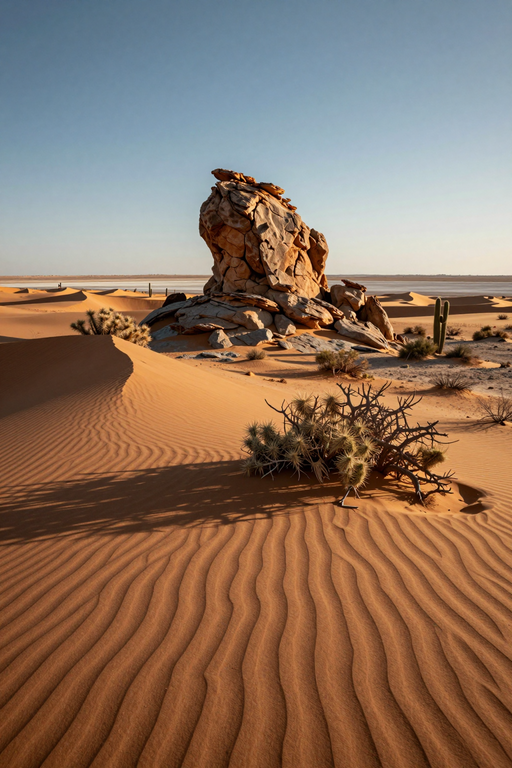 A large rock formation stands amidst rippled sand dunes under a clear blue sky.