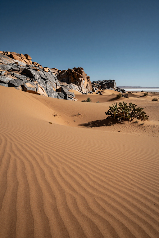 A vast desert landscape featuring rippled sand dunes and rugged rock formations under a clear blue sky.