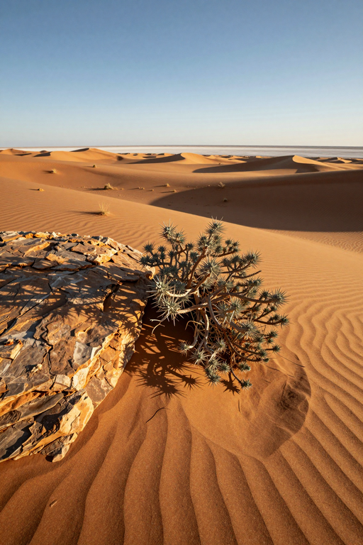 A serene desert landscape featuring sand dunes, a large rock, and a small spiky plant under a clear blue sky.