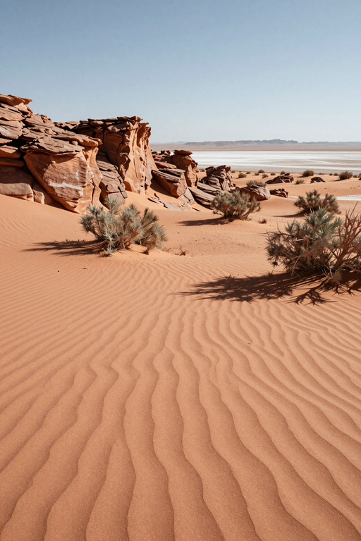 A vast desert landscape featuring rippled sand dunes, rocky formations, and sparse desert vegetation under a clear blue sky.