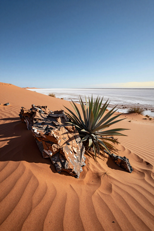 A vast desert landscape featuring rippled sand dunes, rocky outcrops, and distant salt flats under a clear blue sky.