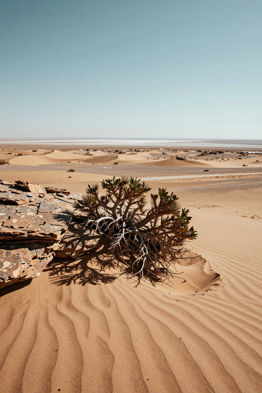 A small desert shrub grows amidst the undulating sand dunes of a vast, arid landscape.