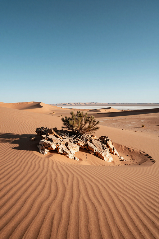 A small desert shrub grows amongst rocks on a vast sand dune under a clear blue sky.