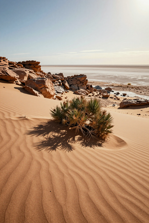 A small green shrub grows amidst rippled sand dunes under a clear blue sky.