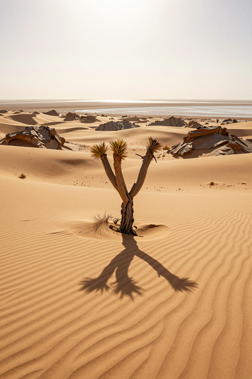 A single desert plant casts a long shadow across rippled sand dunes under bright sunlight.
