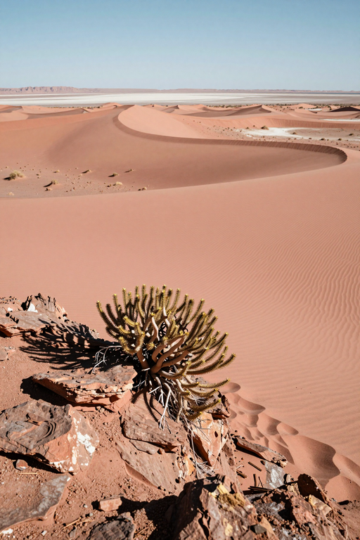 A succulent plant grows amidst rocky terrain overlooking vast, undulating orange sand dunes under a clear blue sky.