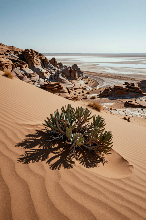 A green succulent plant grows amidst rippled sand dunes in a vast desert landscape.