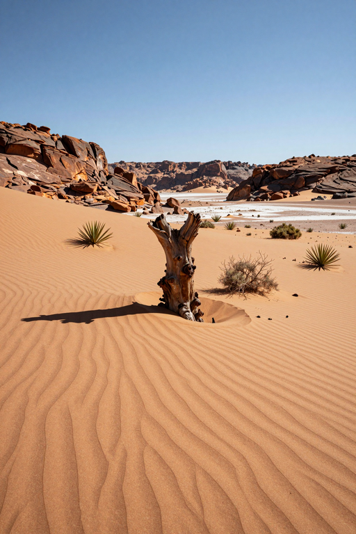 A weathered wooden stump sits amidst rippled sand dunes under a clear blue sky.