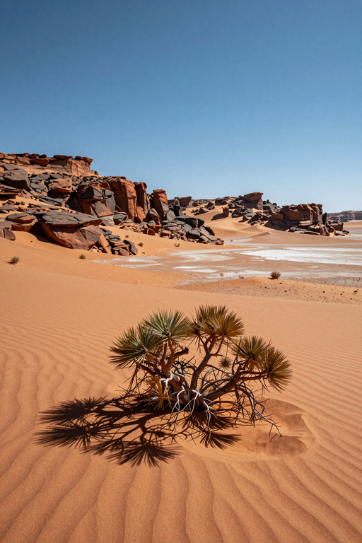 A small desert shrub grows amidst rippled sand dunes under a clear blue sky.