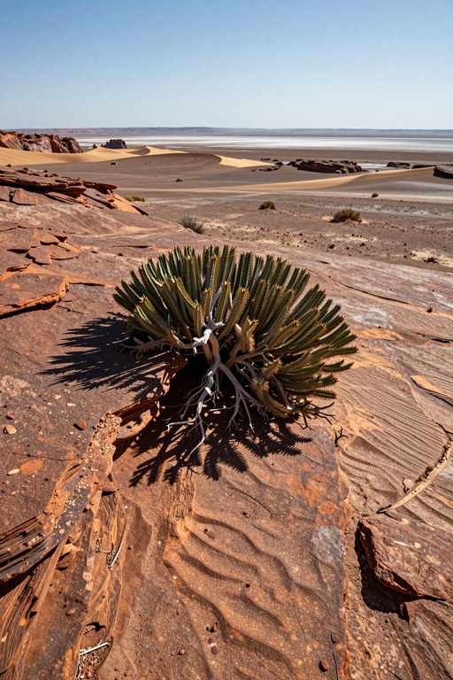 A green succulent grows among reddish rocks in a vast desert landscape under a clear sky.