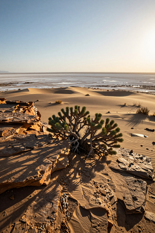 A small succulent grows from a rocky outcrop overlooking vast sand dunes and a salt pan.