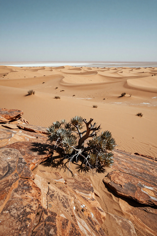 A hardy succulent grows amidst rocky outcrops in a vast, sun-drenched desert landscape.