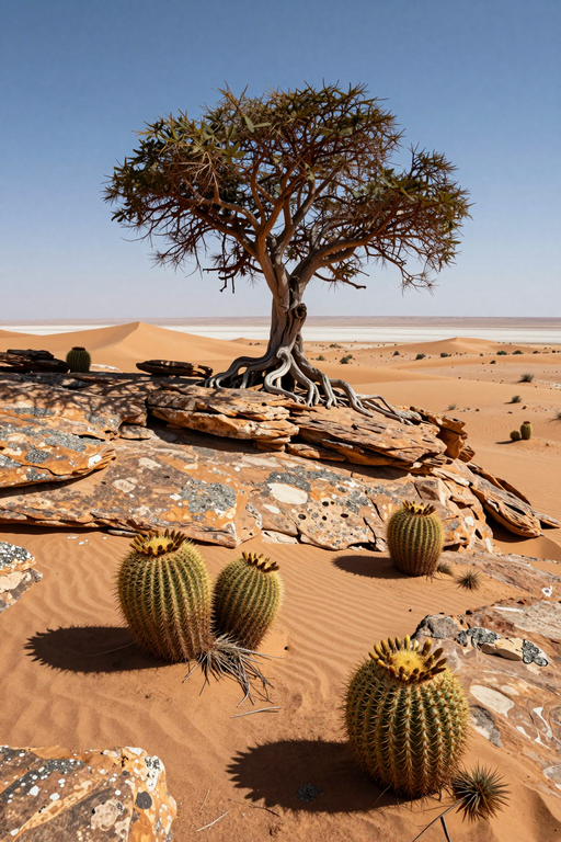 A solitary tree grows amidst cacti and sand dunes in a vast desert landscape.