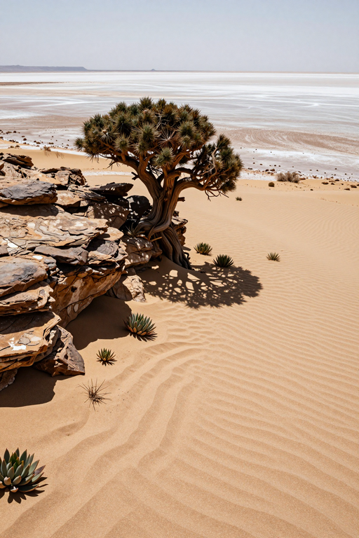 A solitary desert tree stands beside rocky outcrops overlooking an expansive white salt flat.