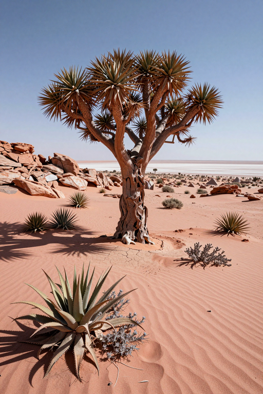A solitary dragon blood tree stands amidst sand dunes under a clear blue sky in a desert landscape.