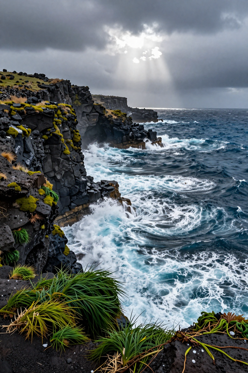 Dramatic waves crash against dark volcanic cliffs under sunbeams breaking through a cloudy sky.