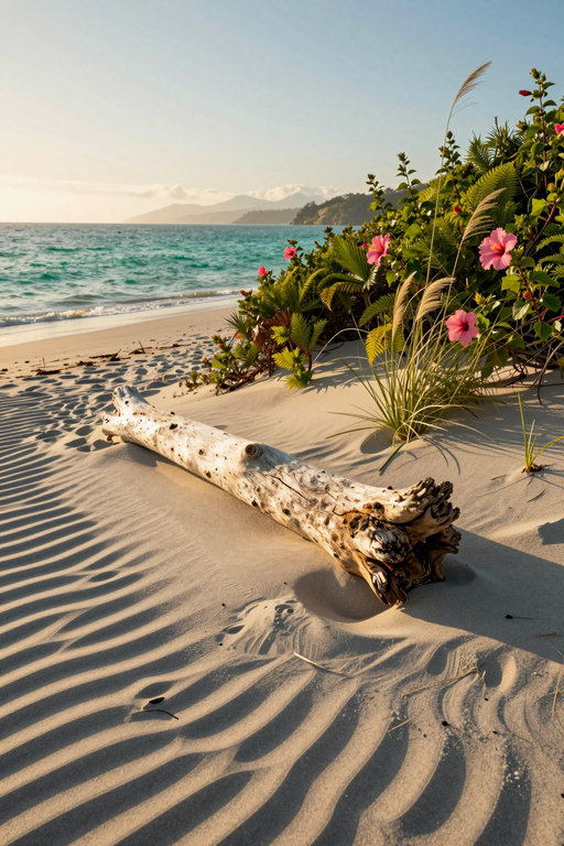 A piece of driftwood rests on rippled sand near pink flowers and the ocean waves.