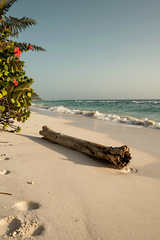 A piece of weathered driftwood rests on a pristine sandy beach near the turquoise ocean waves.
