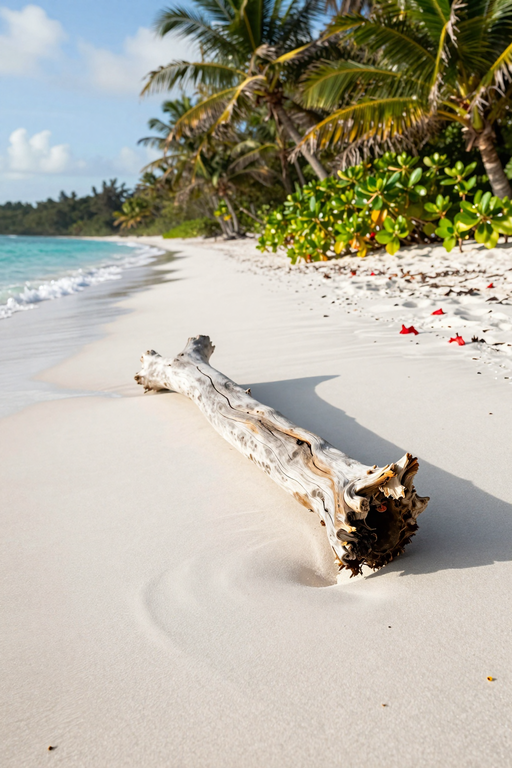 A piece of weathered driftwood rests on a pristine white sand beach near tropical palm trees.
