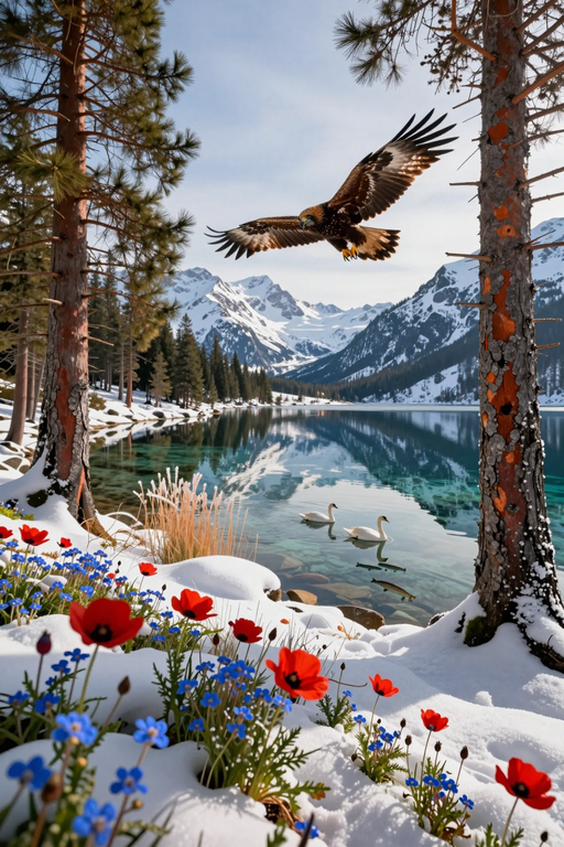 A majestic eagle flies over a serene mountain lake with swans and blooming wildflowers in the snow.