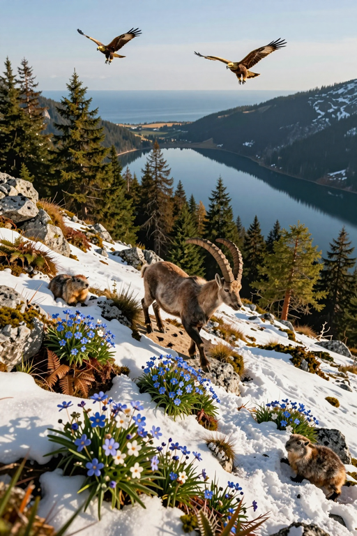Two eagles fly over a snowy mountain landscape featuring ibex and alpine flowers.