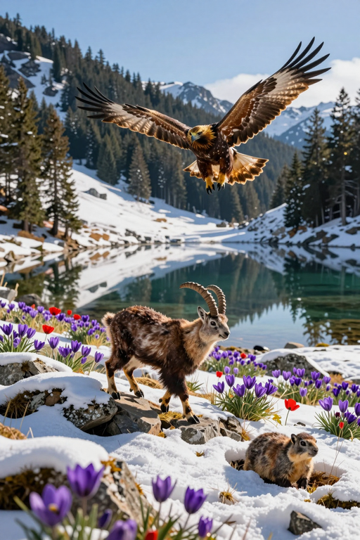 A majestic eagle flies over mountain goats resting in a snowy alpine landscape with purple flowers.