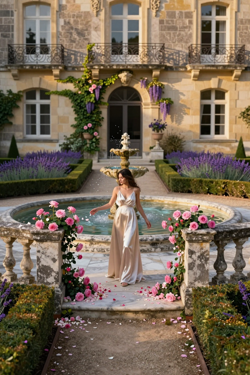 An elegant woman in a champagne satin dress stands by a fountain surrounded by blooming pink roses.