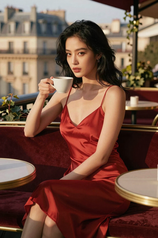 An elegant woman in a red satin dress sits at an outdoor cafe holding a coffee cup.