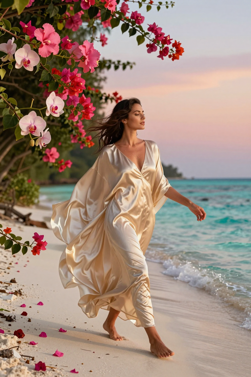 An elegant woman in a flowing cream dress walks along a tropical beach at sunset near pink flowers.