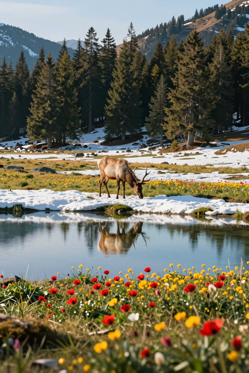 A majestic elk stands by a reflective mountain lake surrounded by snow and colorful wildflowers.