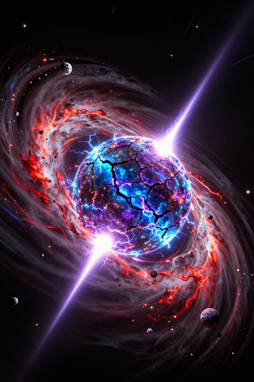 A dramatic digital illustration of a glowing, cracking planet amidst swirling colorful nebulae in deep space.