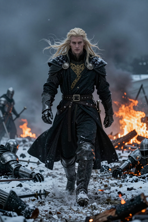 Une guerrière blonde en armure médiévale sombre marche à travers un champ de bataille enneigé au milieu des flammes.