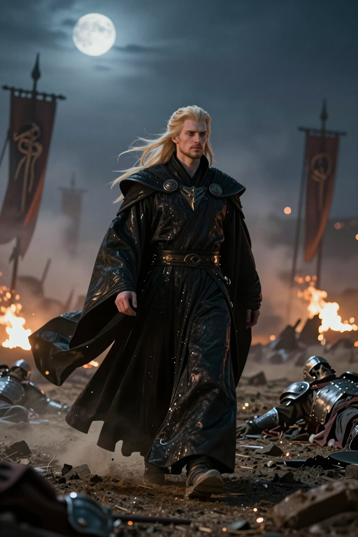 Une guerrière fantastique blonde en armure noire marche à travers un champ de bataille éclairé par la lune, au milieu de la fumée et du feu.