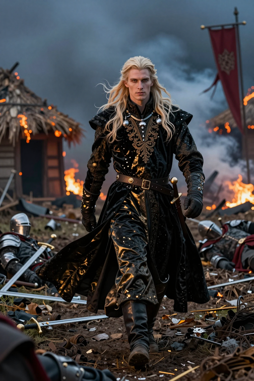 Une guerrière blonde en armure noire ornée walks through a battlefield amidst smoke and fire.