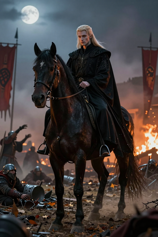 A blonde warrior riding a black horse through a dark, fiery battlefield under a full moon.