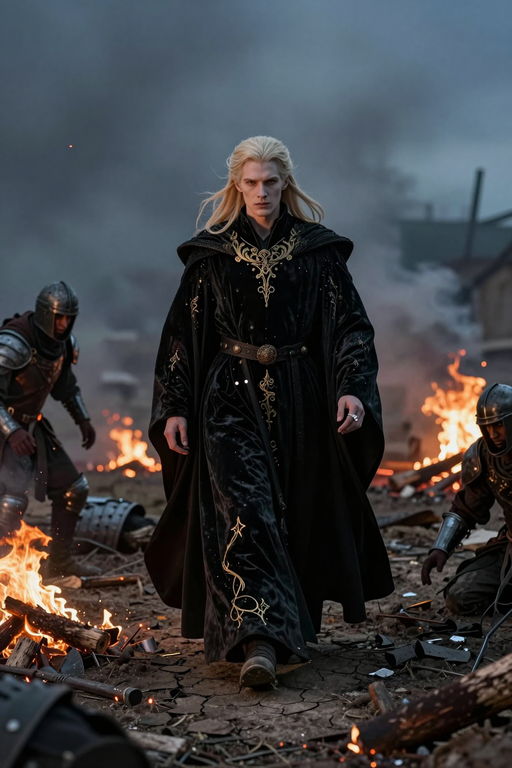 Une guerrière fantastique blonde portant une robe noire brodée marche à travers un champ de bataille au milieu des flammes.