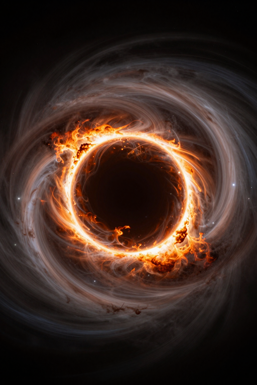 A dramatic swirling vortex of fire and light surrounding a dark central void.