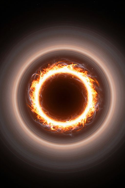 A glowing ring of intense orange flames centered against a dark, swirling cosmic background.