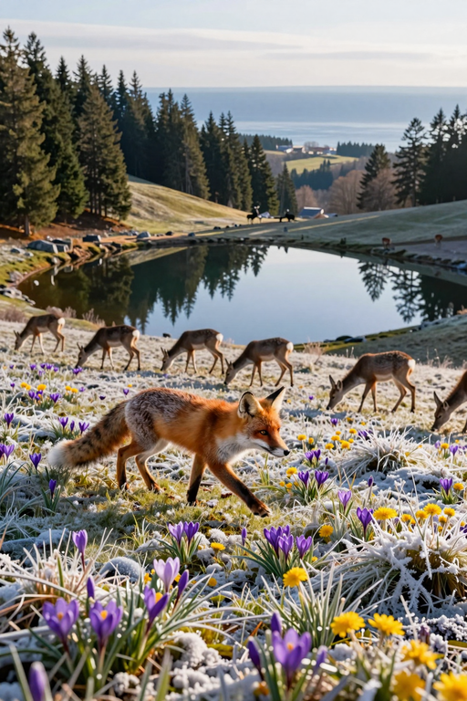 A red fox walks through a meadow of purple and yellow flowers with deer grazing near a pond.