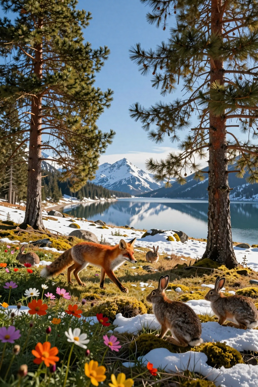 A red fox walks through a snowy landscape with hares near a mountain lake.