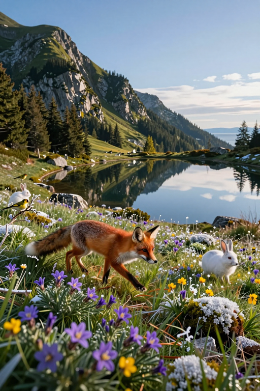 A red fox walks through a vibrant meadow of wildflowers near a serene mountain lake with white rabbits.