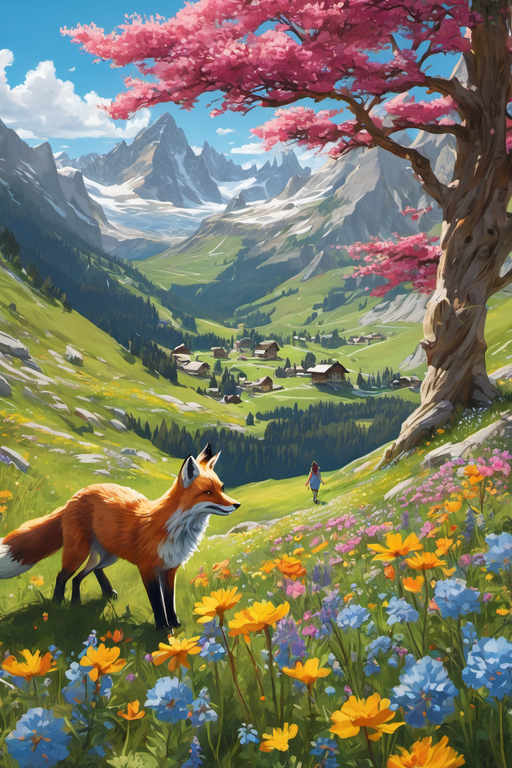 A vibrant digital illustration of a red fox walking through a colorful wildflower meadow with snowy mountains.