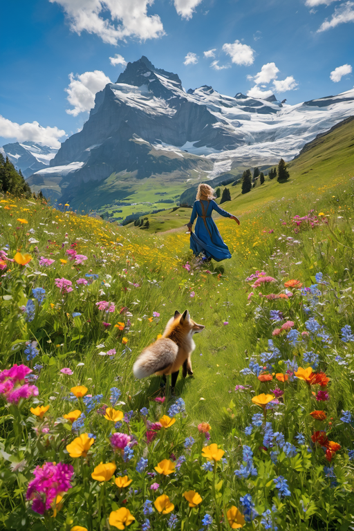 A fox and a woman in a blue dress wander through a vibrant wildflower meadow beneath snow-capped mountains.